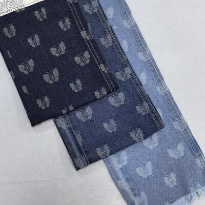 Buy Butterflies Pattern Jacquard Dark Blue Denim Fabric Cotton Polyester 10oz for Special Design Jeans online manufacture